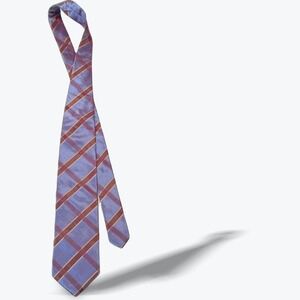 Hugo Boss Mens Silk Necktie Blue Burgundy Tan Plaid Check Made in Italy Luxury